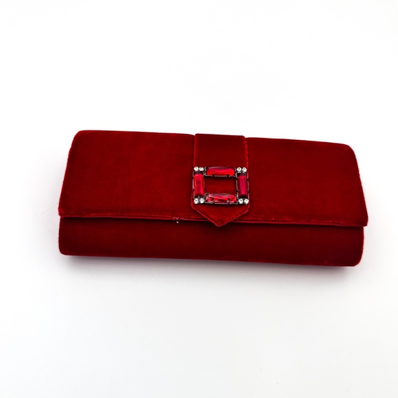 Red Velvet Clutch Lapis Purse w/ Optional Strap Rhinestone Accent - Picture 3 of 11